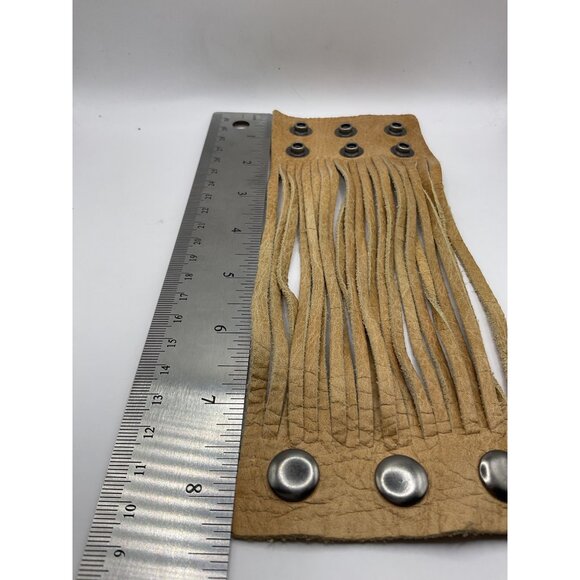 Tan Leather Fringe Cuff Bracelet Adjustable Snap Closures Unisex Bohemian Style - Picture 4 of 4